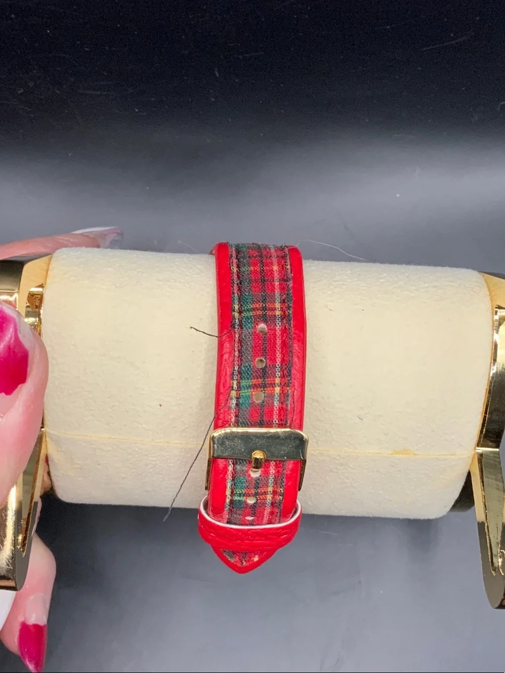 Red Plaid Women's Fashion Watch with Gold Case